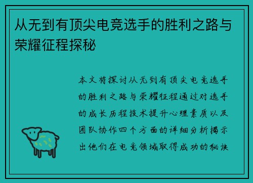 从无到有顶尖电竞选手的胜利之路与荣耀征程探秘