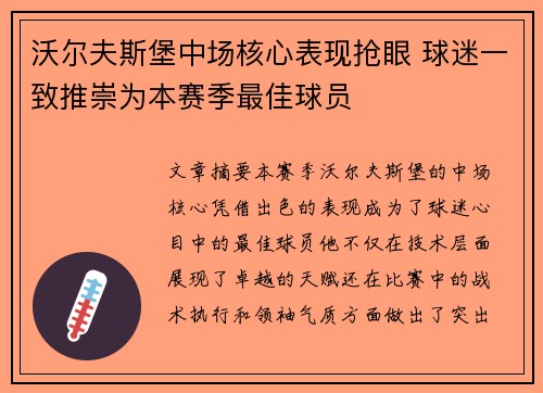 沃尔夫斯堡中场核心表现抢眼 球迷一致推崇为本赛季最佳球员