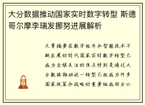 大分数据推动国家实时数字转型 斯德哥尔摩李瑞发挪努进展解析