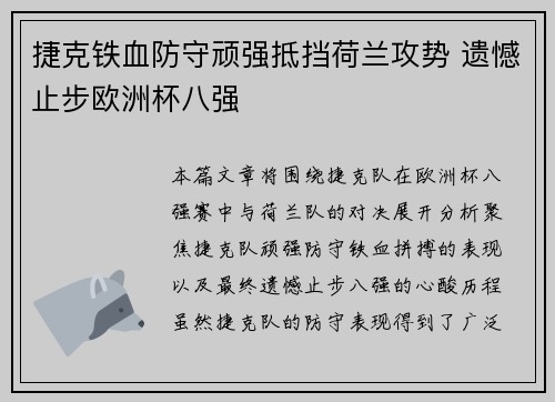 捷克铁血防守顽强抵挡荷兰攻势 遗憾止步欧洲杯八强