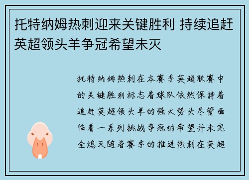 托特纳姆热刺迎来关键胜利 持续追赶英超领头羊争冠希望未灭