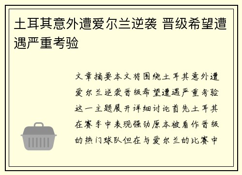 土耳其意外遭爱尔兰逆袭 晋级希望遭遇严重考验