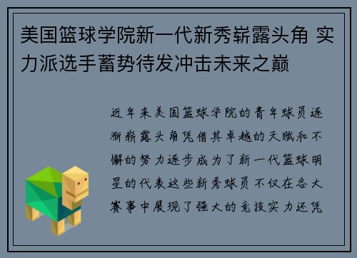 美国篮球学院新一代新秀崭露头角 实力派选手蓄势待发冲击未来之巅