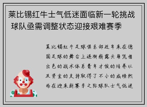 莱比锡红牛士气低迷面临新一轮挑战 球队亟需调整状态迎接艰难赛季