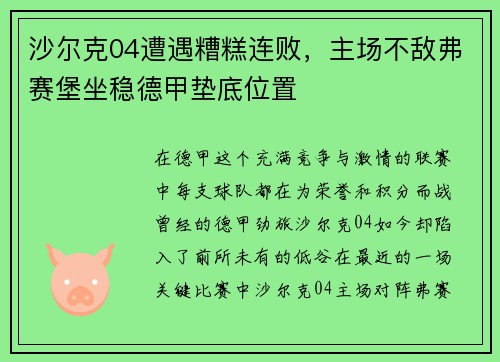 沙尔克04遭遇糟糕连败，主场不敌弗赛堡坐稳德甲垫底位置