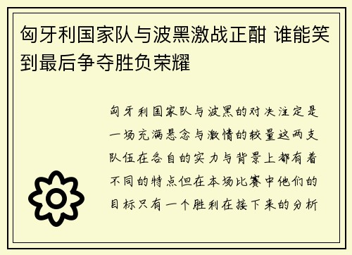 匈牙利国家队与波黑激战正酣 谁能笑到最后争夺胜负荣耀