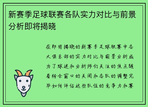 新赛季足球联赛各队实力对比与前景分析即将揭晓